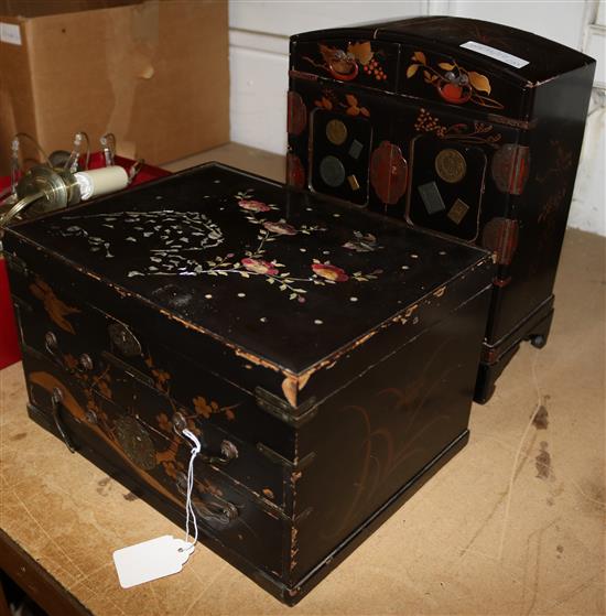 Lacquered decorated table cabinet & similar box